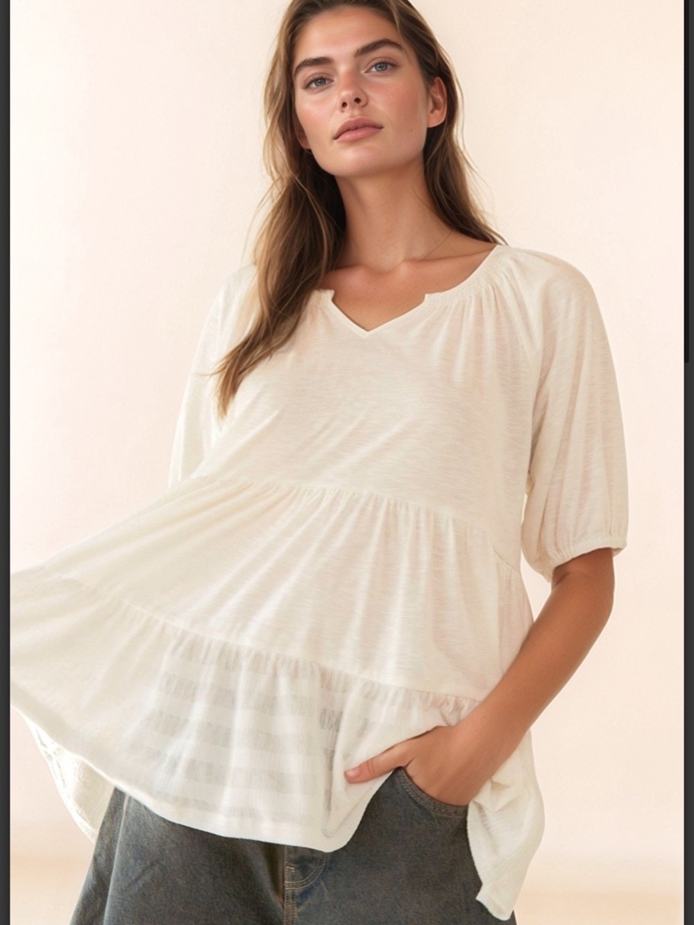 182 DAVI & DANI SOLID RUFFLED FLARED
SHORT SLEEVE V NECK - Picture 1 of 4